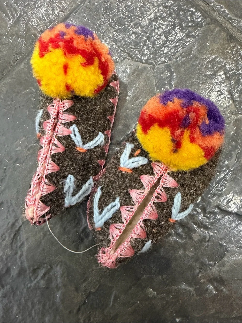 Boho Miniature Felt Pom Pom Slippers Folk Art Decorative Pair Size 4